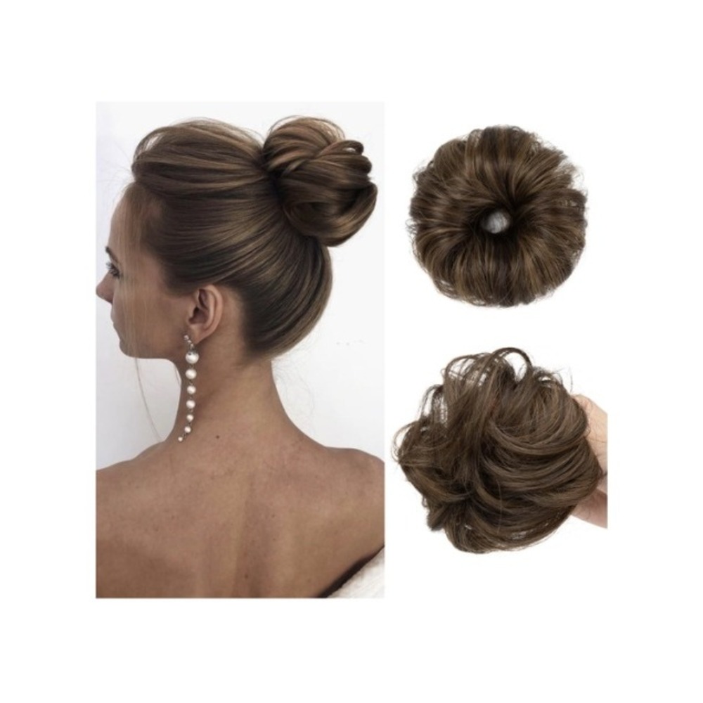 CJL HAIR 2Pcs Small Messy Bun Hair Piece Coffee Brown Synthetic Curly Scrunchie